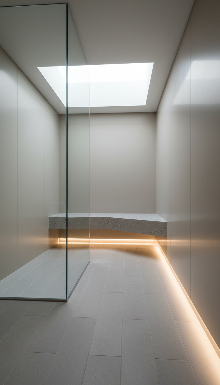 A creative solution in a narrow, L-shaped bathroom, featuring a custom-built floating bench in a walk-in shower with seamless glass divider. The bench is constructed from water-resistant light grey composite stone, matching meticulously laid floor tiles. Expansive, uninterrupted neutral wall panels enhance the sense of space, reflecting soft daylight from a skylight above. Diffuse spotlights add subtle brightness at floor level, casting shadow lines that elongate the space visually. The image is shot from the shower's corner at a diagonal angle, utilizing leading lines to draw the eye along the room’s unique layout. The overall photographic style is modern, structured, and highly professional, emphasizing innovative design for challenging spaces.