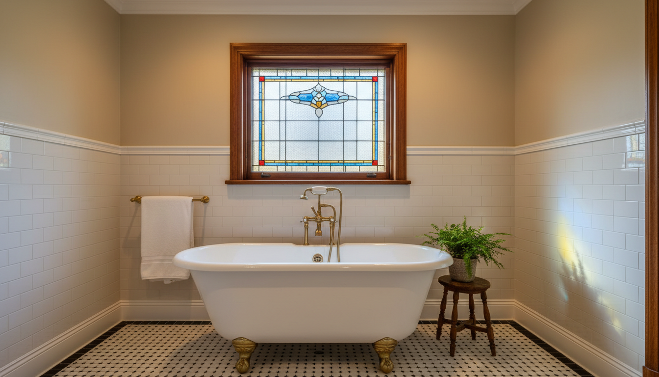 A beautifully preserved historical bathroom, expertly remodeled to retain classic charm while featuring modern upgrades. A freestanding clawfoot bathtub with an enameled, pearly white finish stands on black-and-white mosaic floor tiles. Vintage-inspired brass fixtures contrast elegantly with freshly restored subway tile walls and original moldings painted in warm, neutral tones. A decorative stained-glass window casts gentle colored light, accentuated by subtle, warm recessed ceiling lights. The composition uses the rule of thirds with sharp focus, creating a stately, timeless mood. The image style is clean, structured, and photographic, reflecting respect for historical integrity with an elevated, professional touch.