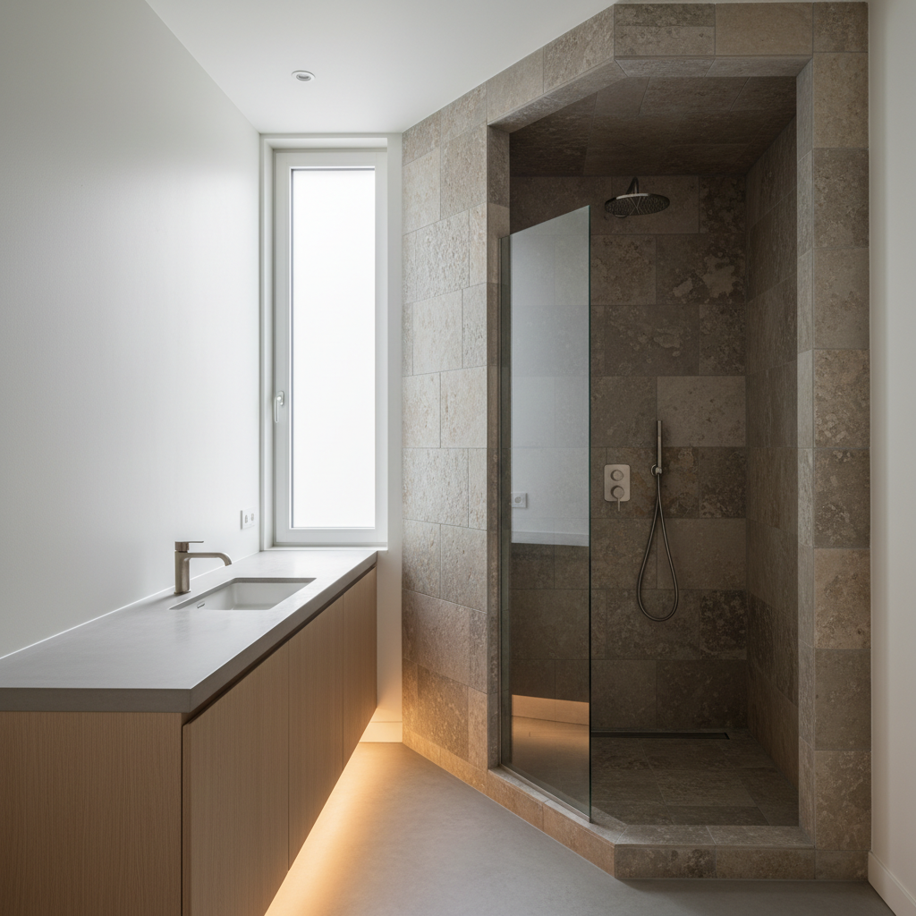 A striking transformation of a compact, uniquely shaped bathroom with an elegant walk-in shower nestled in a custom alcove. The shower boasts textured stone tiles in neutral taupe and sand hues, paired with brushed nickel accents. Adjacent, a tailored built-in vanity integrates seamlessly into an angled wall, topped by a matte concrete countertop. Subtle under-cabinet LED lighting adds gentle illumination, balancing with soft ambient sunlight filtering through a high, narrow window. Structured layout, muted palette, and balanced negative space create a calm, solution-driven mood. Photographic realism and a modern, clean-lined composition at a slightly elevated angle emphasize professional craftsmanship and creative problem-solving.